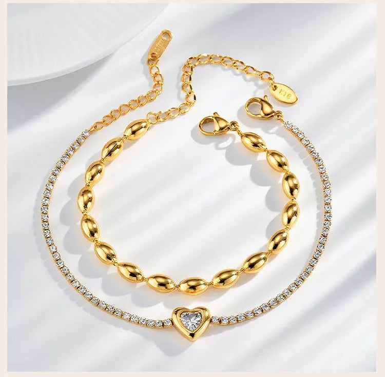 Stainless Steel Heart-shaped Rhinestone Bracelet for Women, Oval Beaded Bracelet Layered Waterproof Hand Wristband