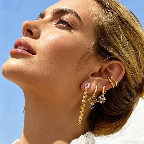 2PCS Pink Zircon Water Drop Chain Link Hanging Earrings Cross Dangle