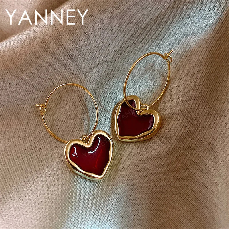 925 Sterling Silver 18K Gold Red Heart Earrings Women Fashion Birthday Gift