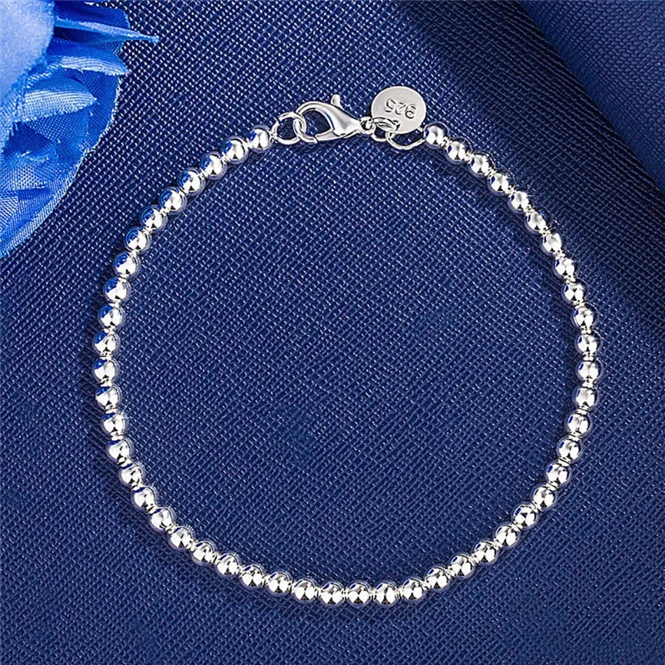 4mm Beads Chain Bracelet 925 Sterling Silver Women Wedding Party Jewellery