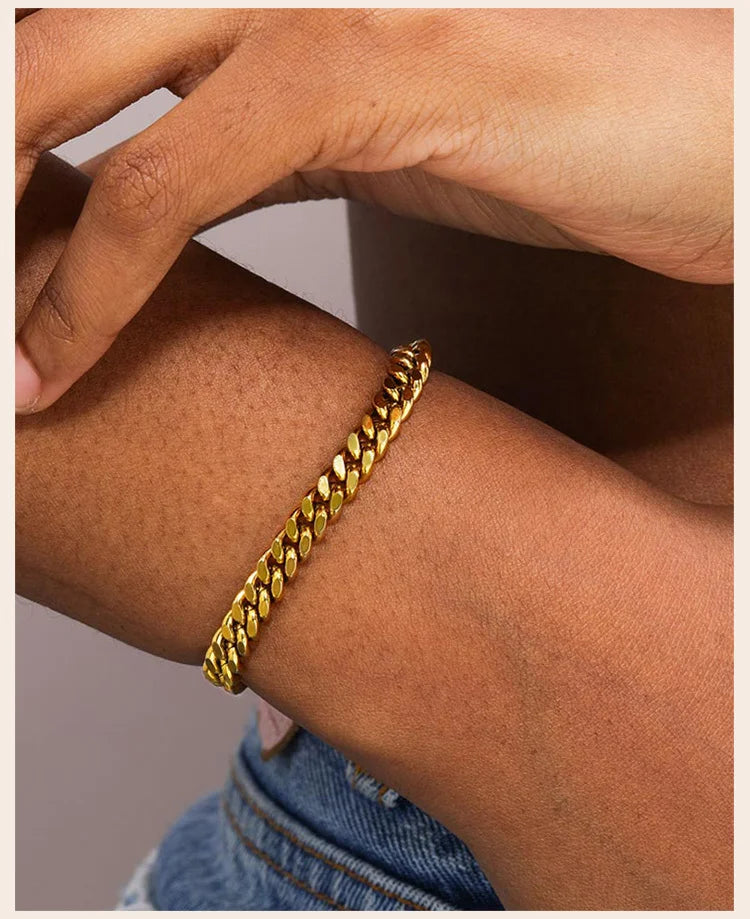 Stainless Steel Chain Bracelet Women, 3mm to 9mm Curb Cuban Chain Bangle Gold Color Unisex Wrist Stackable Jewelry