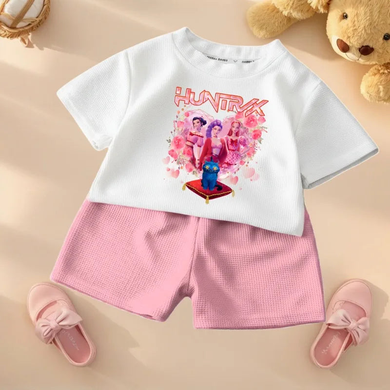 K-pop Girls Summer Casual T-Shirt and Shorts 2-Piece Fashion Outfit