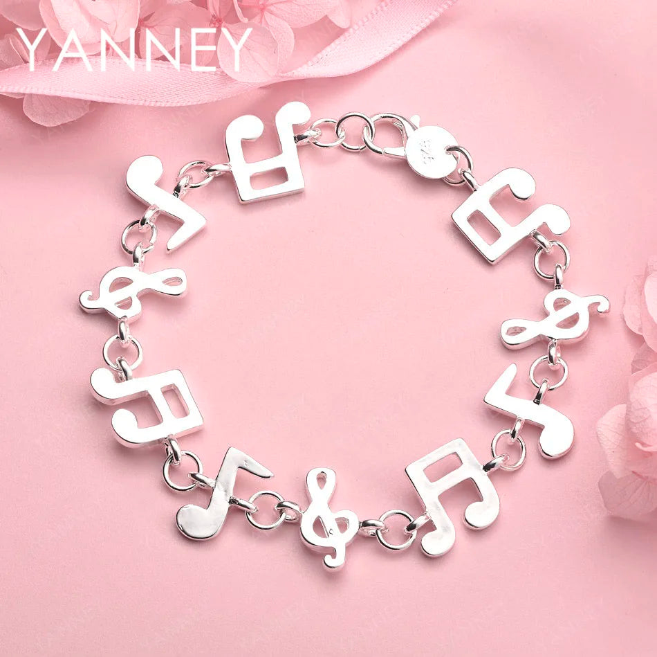 925 Sterling Silver 8-inch Musical Note Bracelet Women Party Jewellery Gift