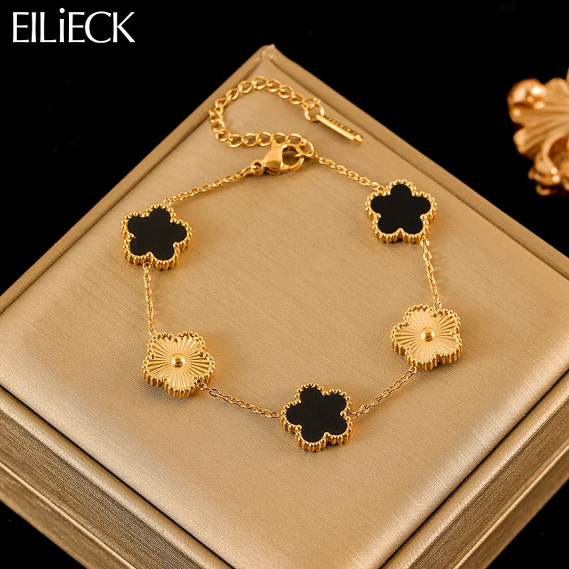 Five Leaf Clover Stainless Steel Bracelet Black Flower Wrist Chain