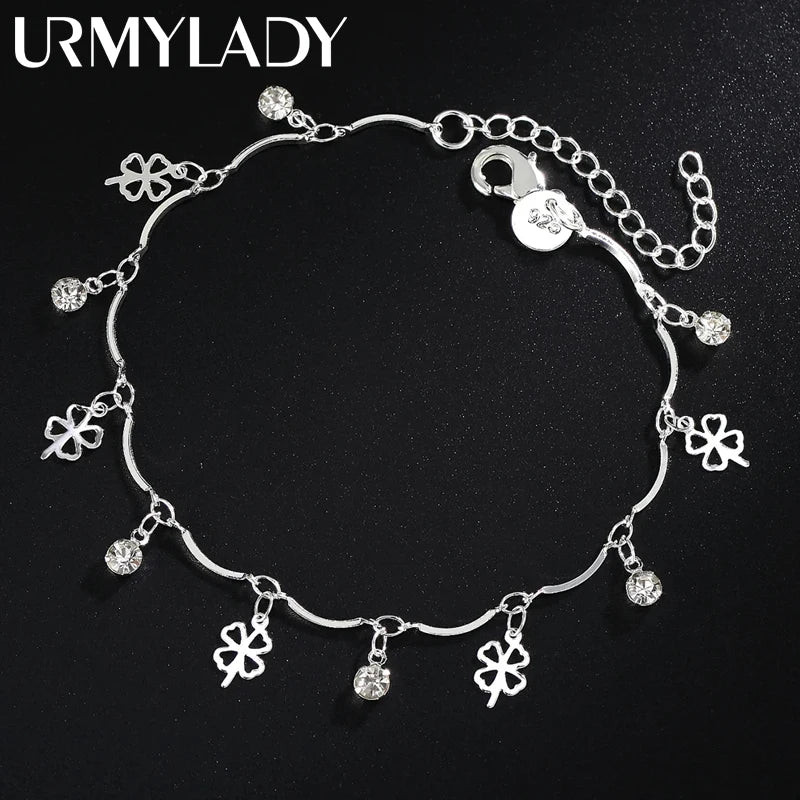 Lucky Clover Leaf Zircon Chain Bracelet 925 Sterling Silver Wedding Party