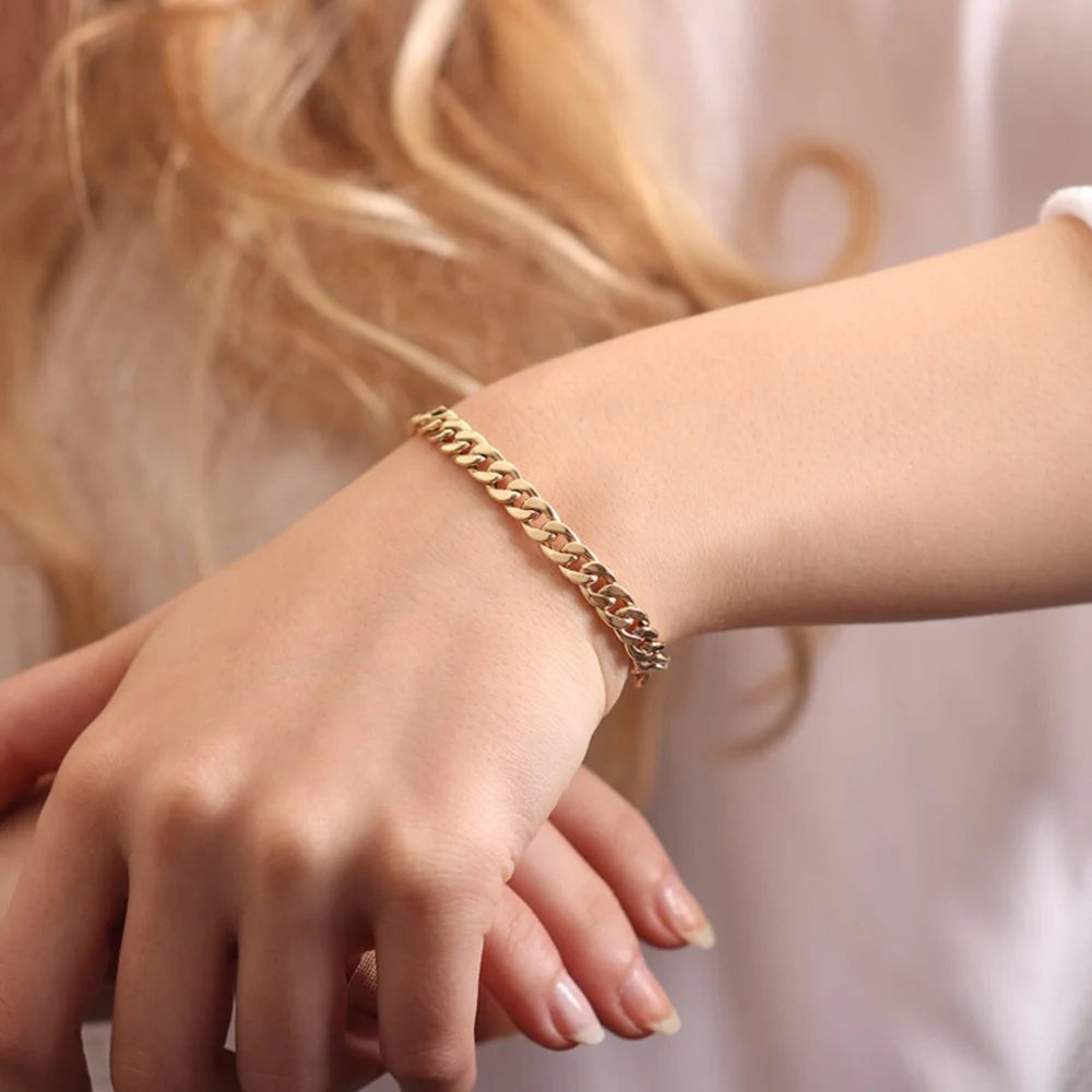 Stainless Steel Chain Bracelet Women, 3mm to 9mm Curb Cuban Chain Bangle Gold Color Unisex Wrist Stackable Jewelry