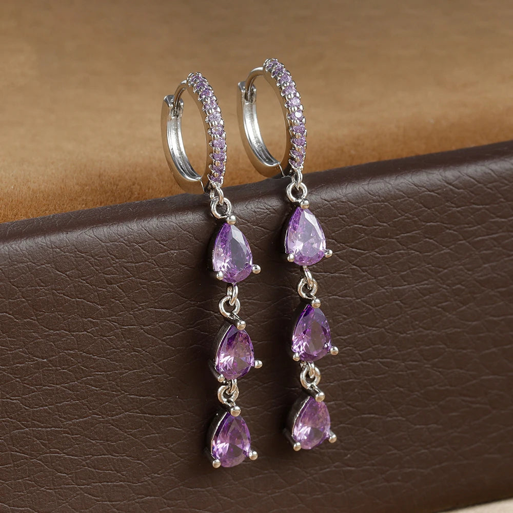 2PCS Luxury Stainless Steel Water Drop Pendant Earrings CZ Zircon
