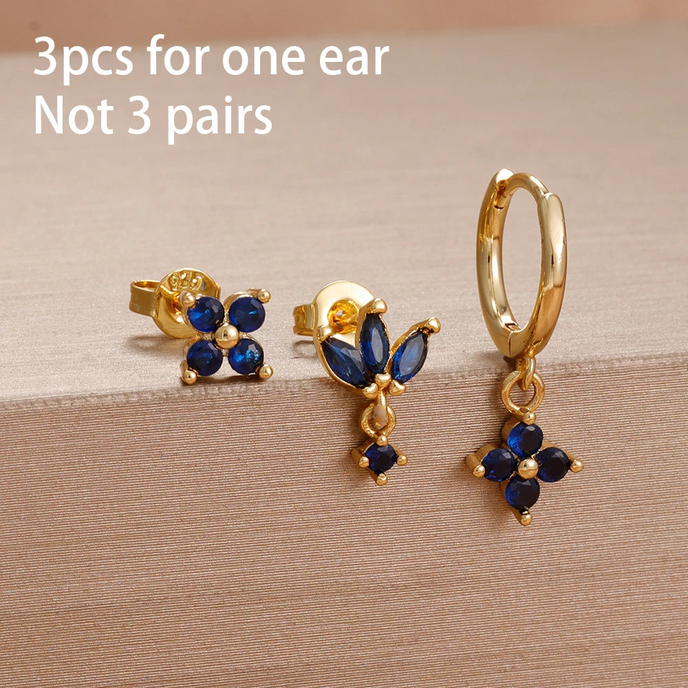 3PCS Cute Flower Stainless Steel Blue Zircons Small Hoop Earrings