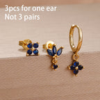 3PCS Cute Flower Stainless Steel Blue Zircons Small Hoop Earrings