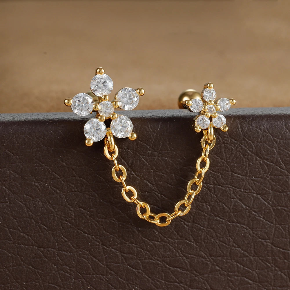 New Double Ear Studs Tassel Chain Hanging Earrings Flower Butterfly