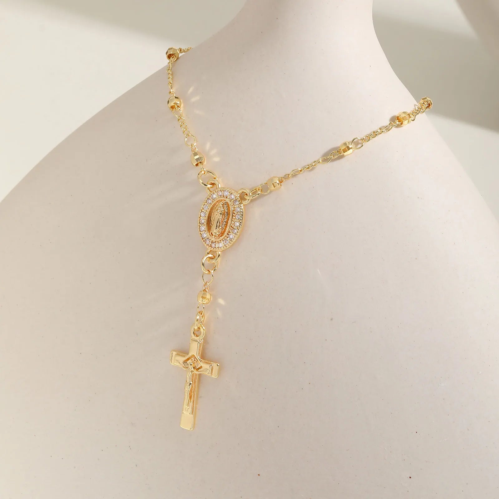 Catholic Cubic Zirconia Rosary Cross Beaded Link Bracelets, Oval Jesus Coss Jewelry, Religion Gold Plated Bracelet