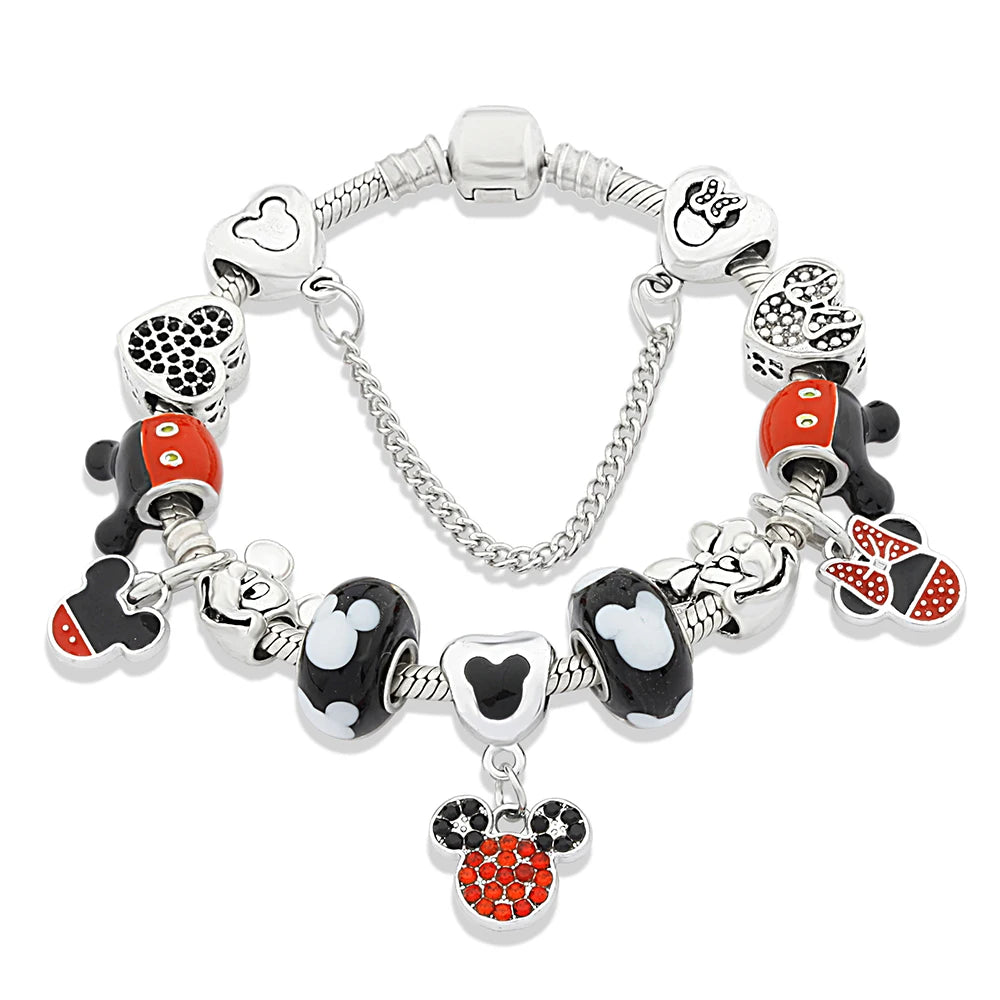 Red Pink Black Crystal Animal Charm Bracelet Heart Mickey Minnie Gift