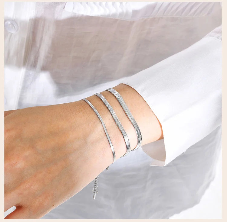 Herringbone Snake Chain Bracelet For Women ,18k Gold Plated Link Adjustable Stainless Steel Width 2/3/4mm