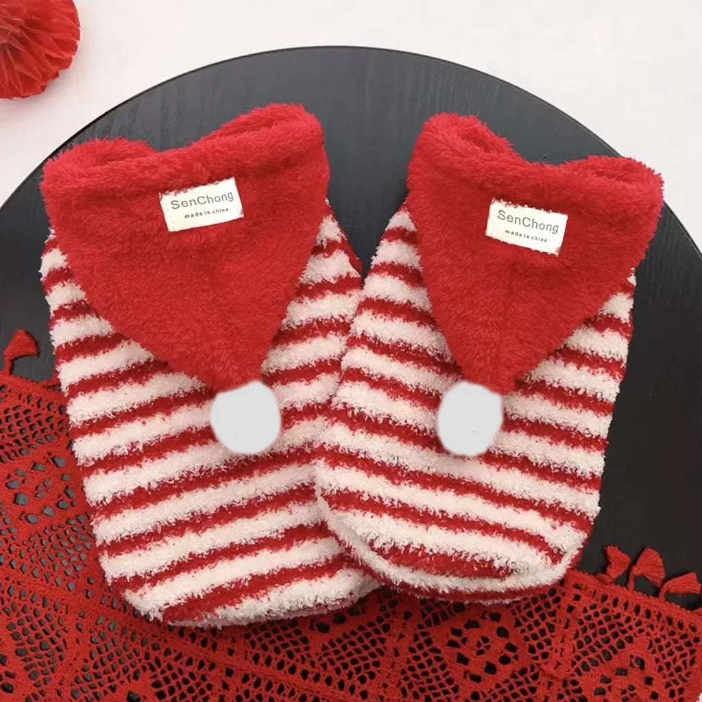 Pompom & Stripe Pet Hoodie, Red Plush Dog Cat Vest with Cute Hood, Soft Warm Fleece Jacket for Small Medium Puppy Kitten