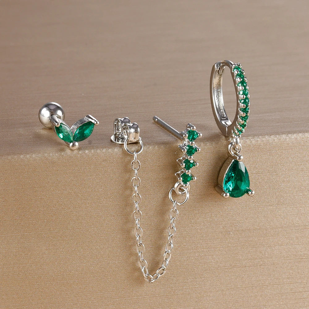 3PCS Gold Colour Chain Flower Drop Earrings Zircon Dangle Earring
