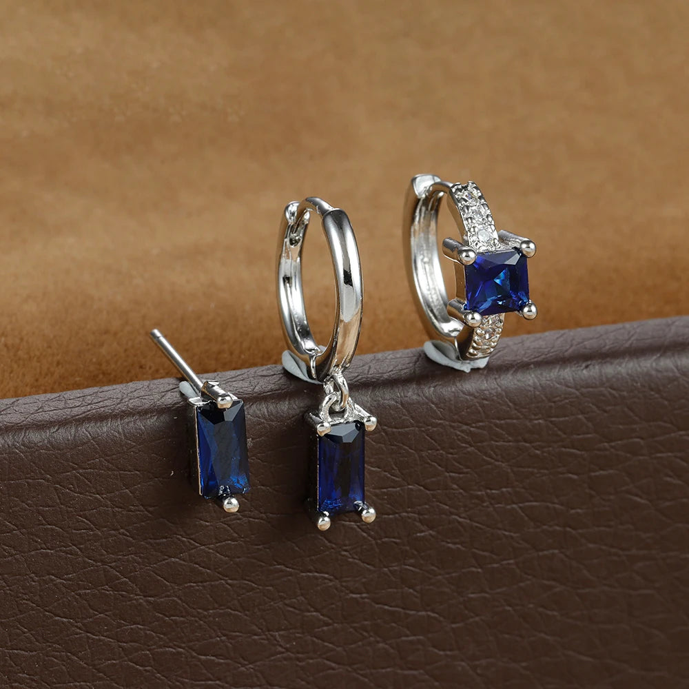 3PCS Stainless Steel Flower Crystal Zirconia Hoop Earrings Square