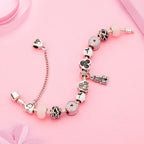 Antique Silver Castle Heart Minnie Mickey Charm Bracelet Pink Crystal Gift