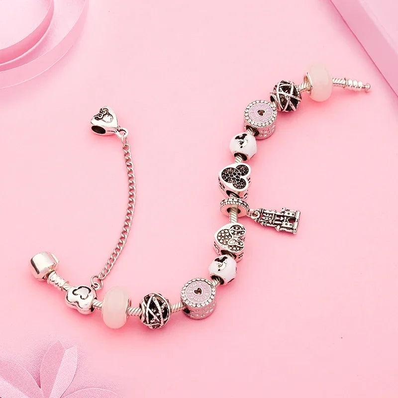 Antique Silver Castle Heart Minnie Mickey Charm Bracelet Pink Crystal Gift