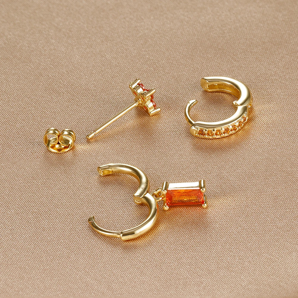 3PCS Fashion Orange Blue Zircon Hanging Earrings Stainless Steel Flower