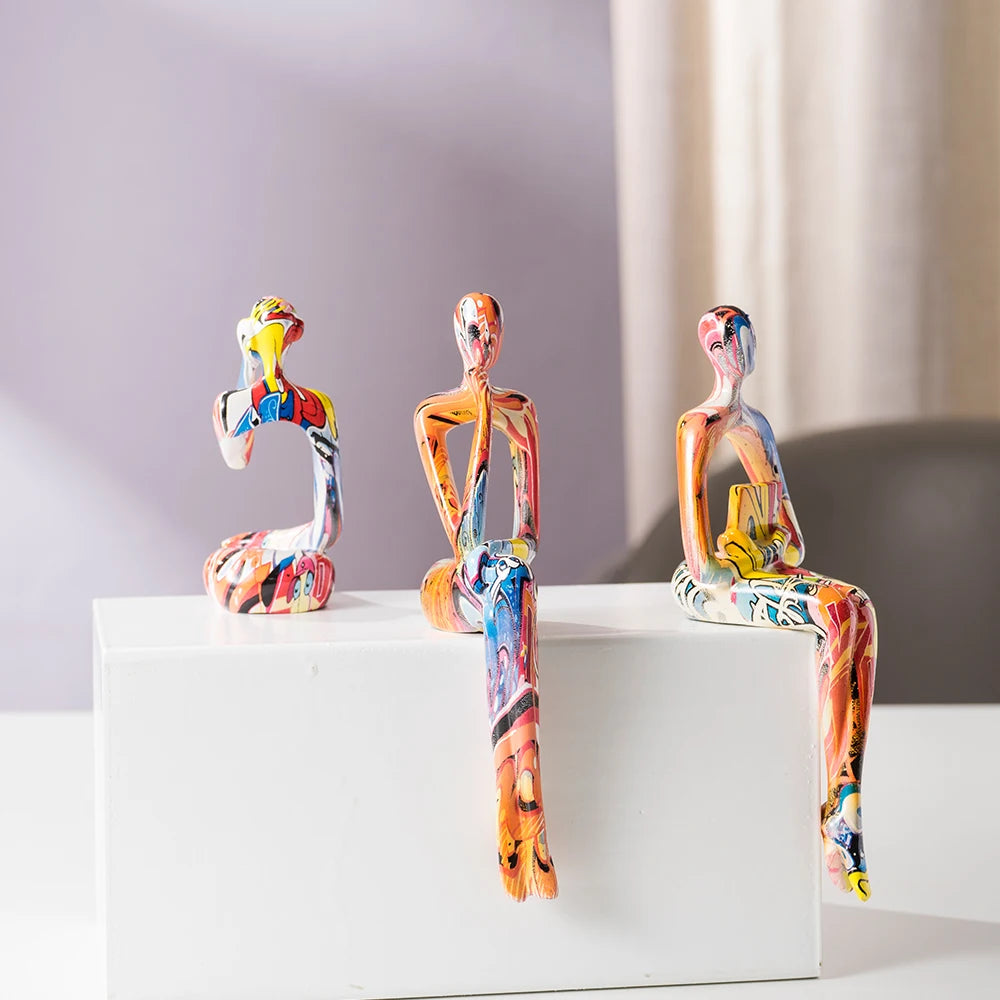 Abstract Thinker Figurine Set of 3 Colourful Modern Resin Sculpture Bookshelf Decor