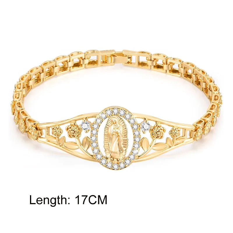 Stainless Steel Virgin Mary St Benedict Cross Bracelet, Bead Chain Bracelet Women Religious Jewelry
