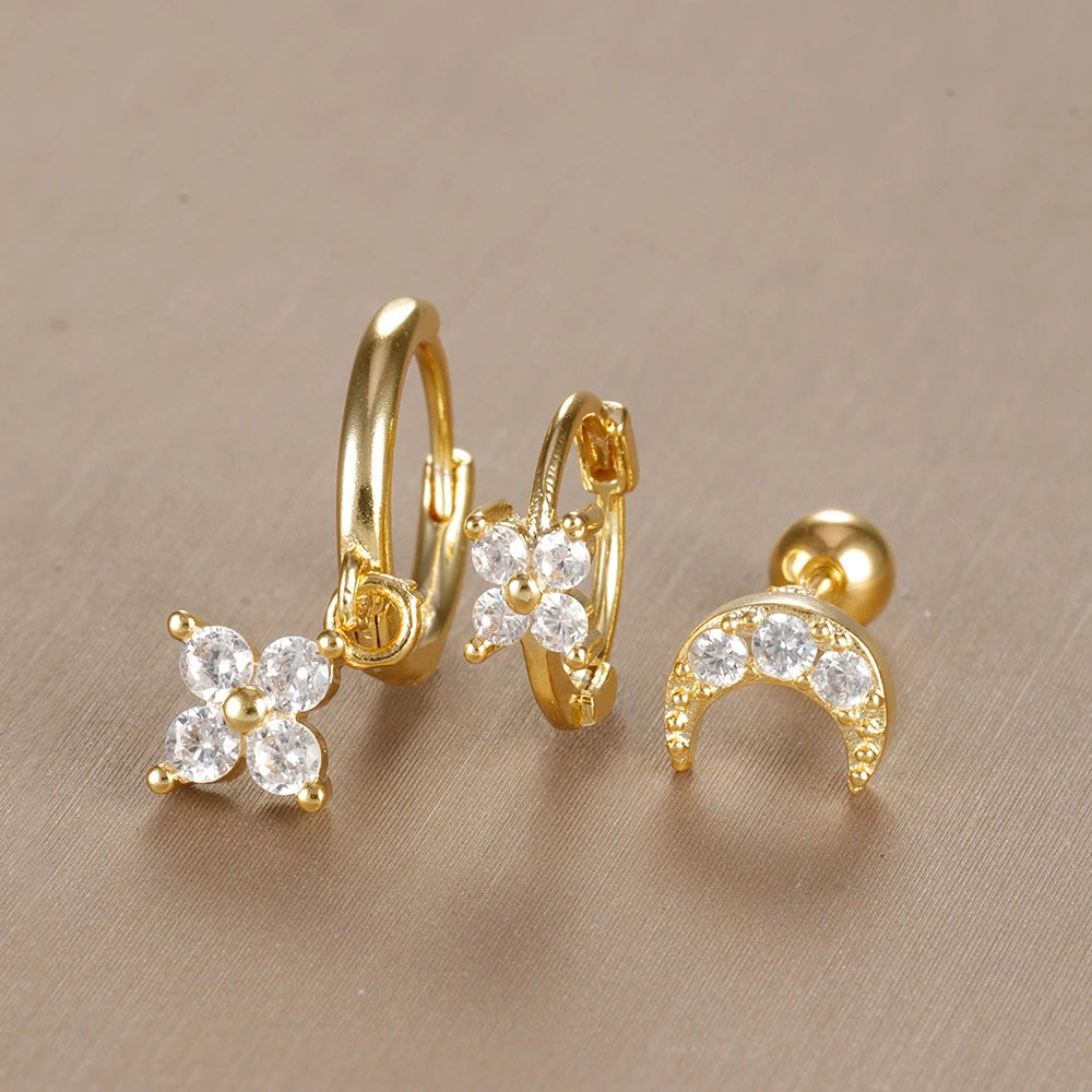 3PCS Vintage Design Four Flower Zircon Hoop Earrings Set Steel