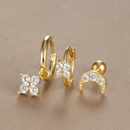 3PCS Vintage Design Four Flower Zircon Hoop Earrings Set Steel