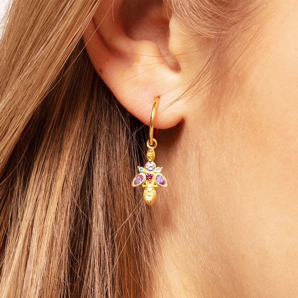 Golden Bug Scarab Beetle Hoop Earrings 925 Sterling Silver Bohemia