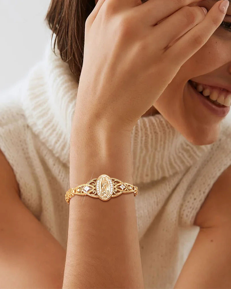 Guadalupe Virgin Mary Bracelet for Women, Zirconia Catholic Bracelet Bangle, Religious Baptism Hypoallergenic Non Tarnish
