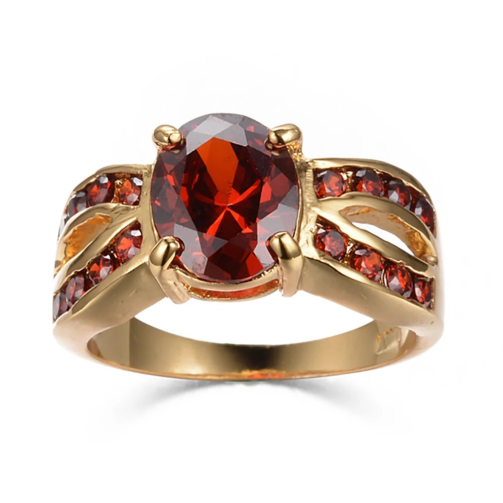 Vintage Female Red Crystal Charm Gold Color Big Wedding Jewelry For Women Luxury Oval Zircon Stone Engagement Ring