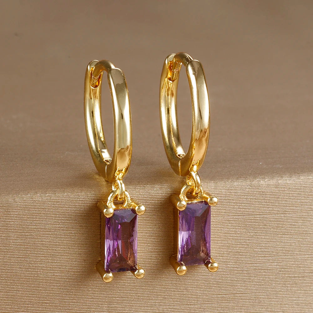 18K Gold Plated Green Zirconia Huggies Hoop Earrings Square Pendant