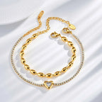 Stainless Steel Heart-shaped Rhinestone Bracelet for Women, Oval Beaded Bracelet Layered Waterproof Hand Wristband