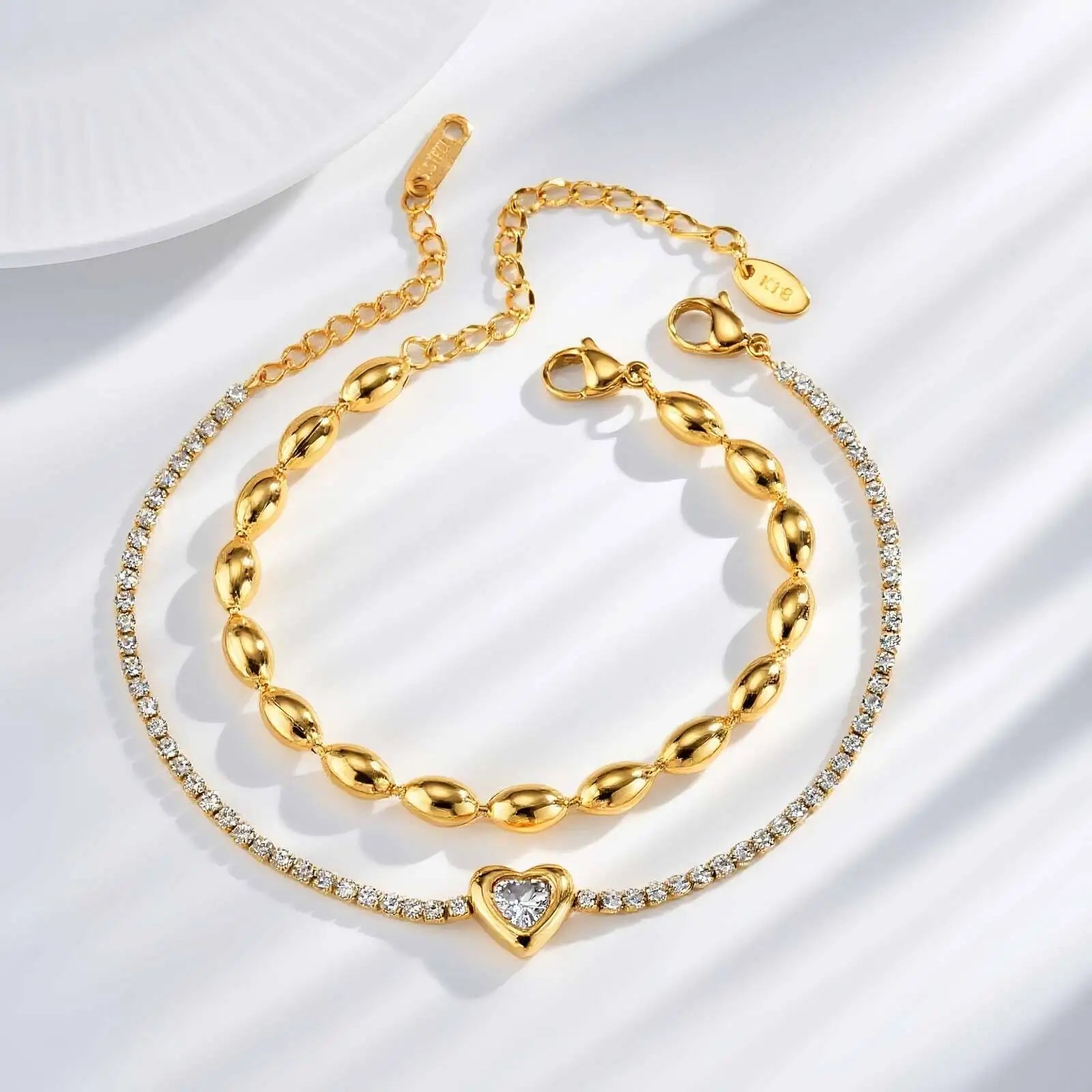 Stainless Steel Heart-shaped Rhinestone Bracelet for Women, Oval Beaded Bracelet Layered Waterproof Hand Wristband