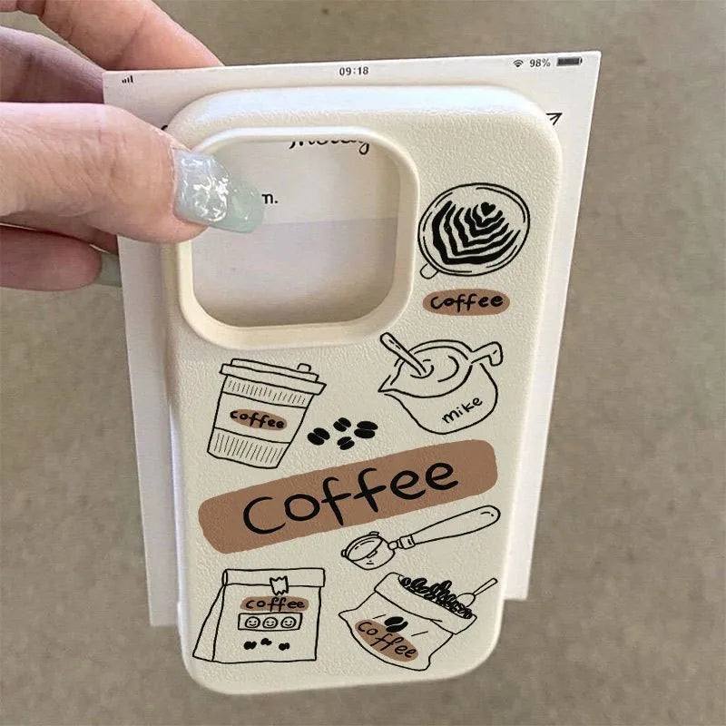 Winter Coffee Pattern Lychee Case for iPhone 17 16 15 14 Pro Max