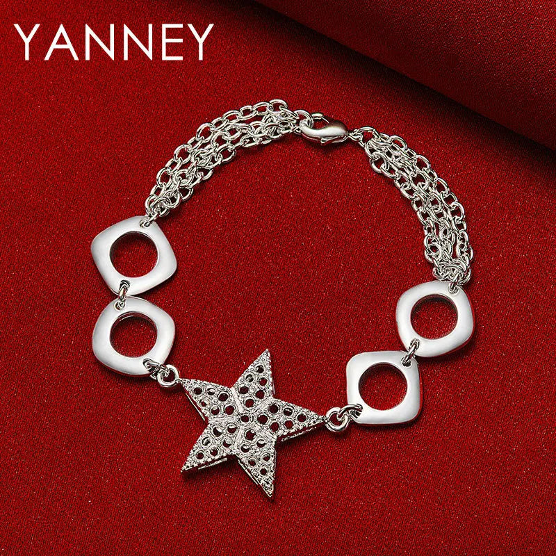 925 Sterling Silver 8-inch Star Square Bracelet Women Wedding Jewellery Gift