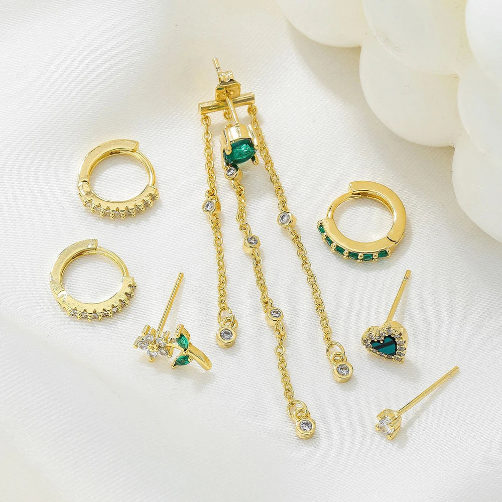 Green Zircon Tassel Chain Stainless Steel Hoop Earrings 18K Gold