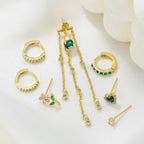 Green Zircon Tassel Chain Stainless Steel Hoop Earrings 18K Gold