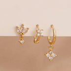 3PCS Stainless Steel Zircon Flower Hoop Earrings Gold Plated Huggies