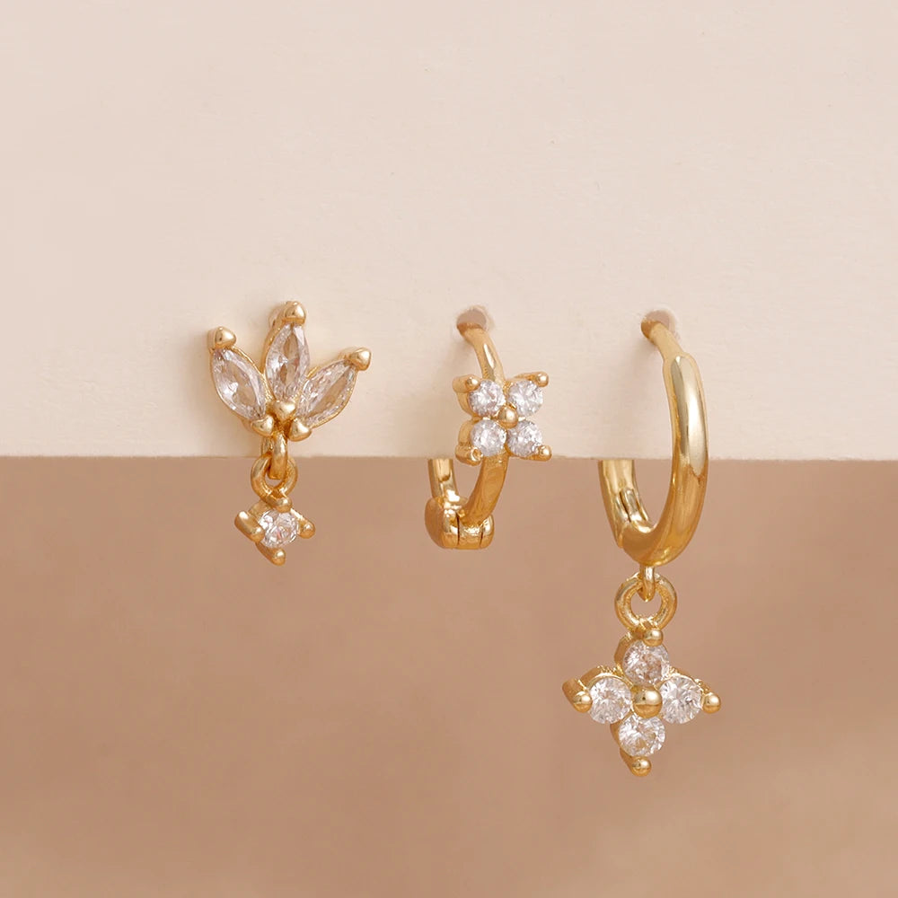 3PCS Stainless Steel Zircon Flower Hoop Earrings Gold Plated Huggies
