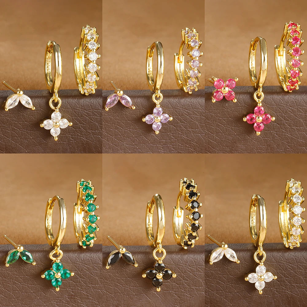 3PCS Vintage Stainless Steel Multicolor Zirconia Hoop Earrings Set