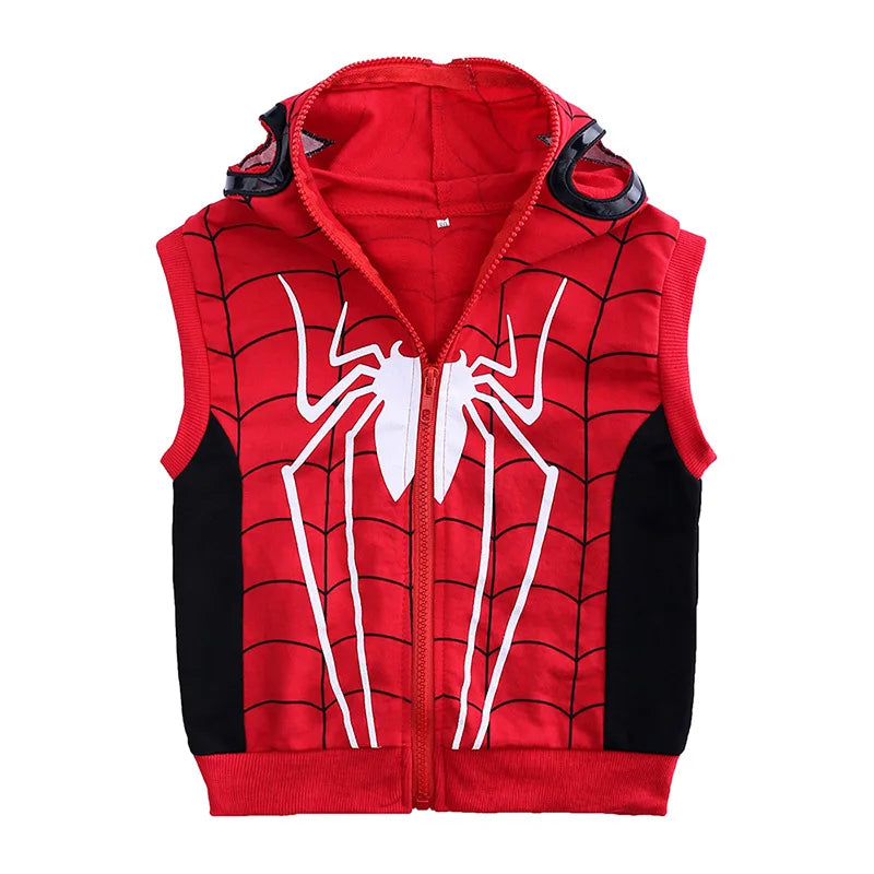 3pcs Spiderman Cosplay Costume Kids Boys Hooded Vest T-Shirt & Pants Tracksuit