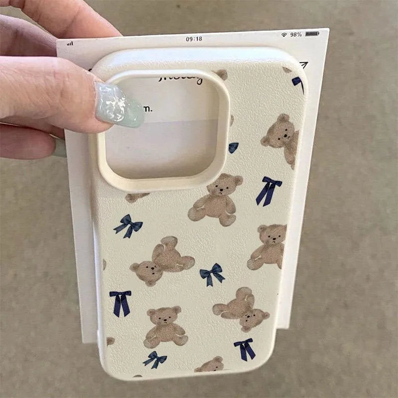 Cute Little Bear Bow Lychee Case for iPhone 17 16 15 14 Pro Max Plus