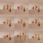 3PCS Unique Stainless Steel Earrings Set Rose Red Crystal Zircon