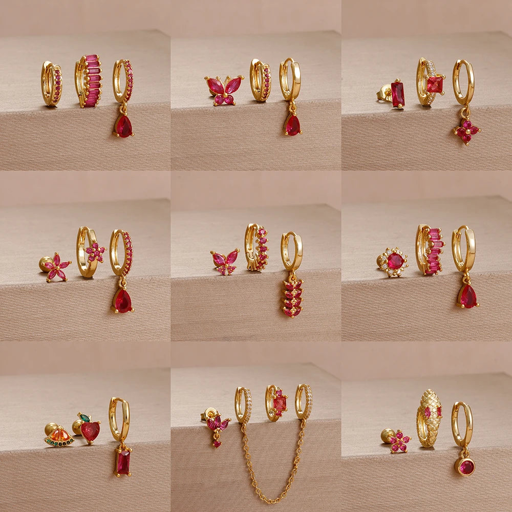 3PCS Unique Stainless Steel Earrings Set Rose Red Crystal Zircon