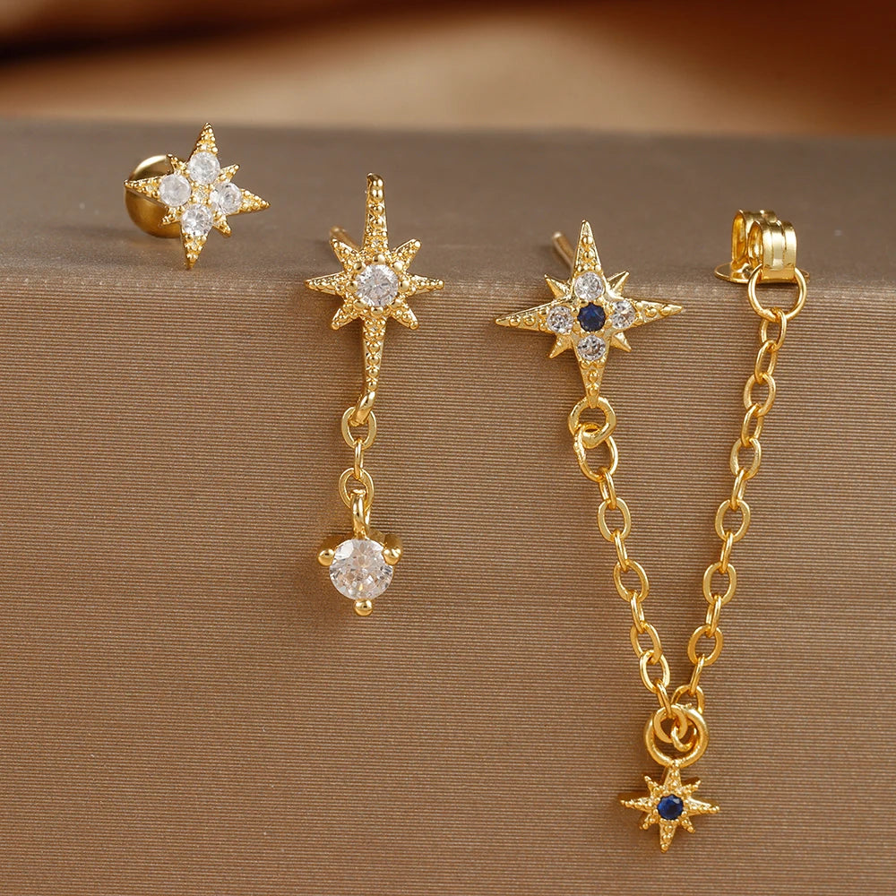 3PCS Gold Colour Star Earrings Set Zircon Pendant Stainless Steel