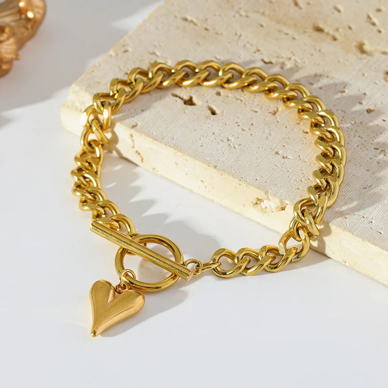 Heart Love Stainless Steel Charm Bracelet 18K Gold Plated Waterproof