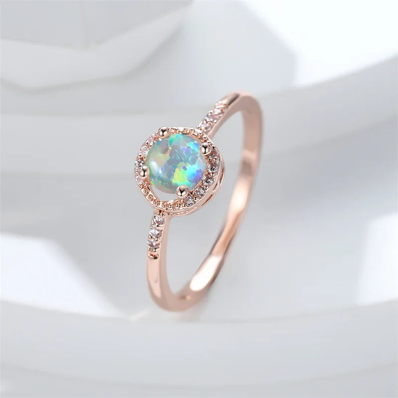 Simple Rainbow Birthstone Blue Fire Opal Rings For Women Rose Gold Color Round Ring Wedding Bands Stacking Thin Ring Jewelry