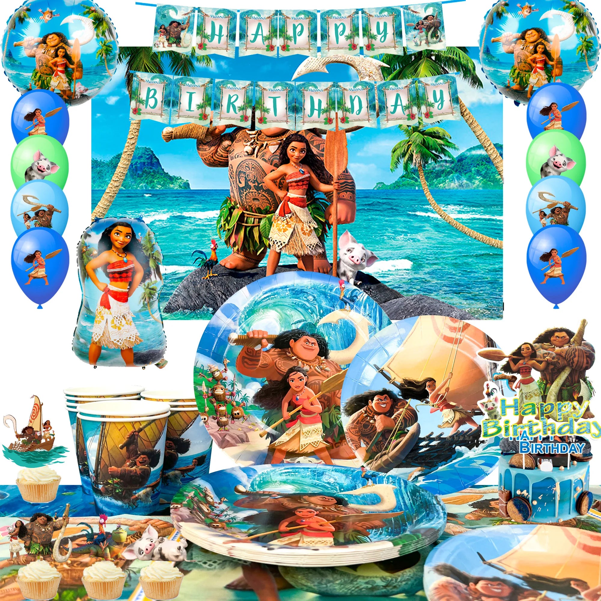85pc Moana Birthday Party Supplies Tableware Set Banner Backdrop - Ship from UK