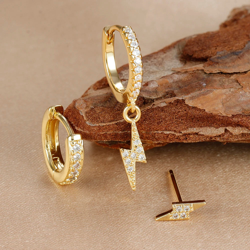 3PCS Gold Plated Lightning Flower Chain Drop Earrings Zircon Dangle