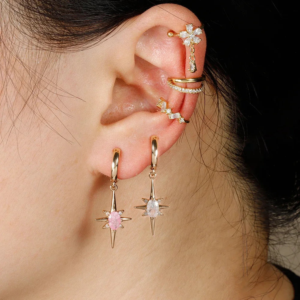 2PCS Simple Stainless Steel Star Hoop Earrings Gold Colour Zirconia